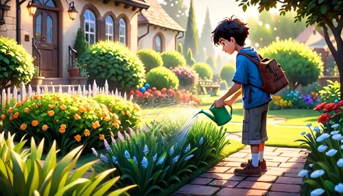 arrietty,dandelion hall,adrien,bloomgarden,sidewalk,walking in a spring,flower garden,stroll,yellow garden,pathway,picking flowers,walk in a park,to the garden,spring background,green garden,landscaper,children's background,plantsman,springtime background,garden-fox tail,Anime,Anime,Cartoon