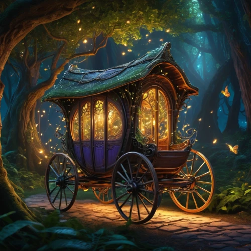 wooden carriage,fantasy picture,wooden wagon,carriage,wooden cart,fantasy art,fairy tale,world digital painting,christmas caravan,autumn camper,wooden train,magical adventure,storybook,fantasy landscape,magical,a fairy tale,fairy forest,fairy tale icons,fairy door,fairy tale character,Conceptual Art,Oil color,Oil Color 07
