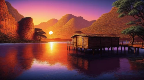 floating huts,landscape background,tailandia,ham ninh,fishing village,fantasy landscape,seclude,backwaters,houseboats,tranquility,an island far away landscape,shaoming,thailands,viet nam,ninh,3d background,huts,beautiful landscape,inle,haicang,Illustration,Realistic Fantasy,Realistic Fantasy 25