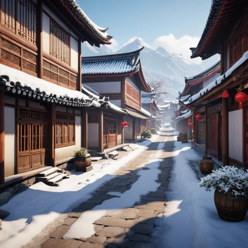 korean village snow,teahouses,gion,kumashiro,magome,ryokan,kyoto,winter festival,hanok,dojo,gozen,goryeo,shogun,shinto,lijiang,yamashiro,tokaido,chanoyu,wulin,longmei,Photography,General,Realistic