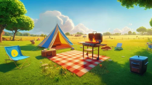 tearaway,picnic,suitcase in field,picnicking,thatgamecompany,music festival,cartoon video game background,encampment,barbecue area,lowpoly,picnicked,knight tent,camping,outdoor cooking,picnics,camping tipi,beer tent set,picnic basket,family picnic,campsites