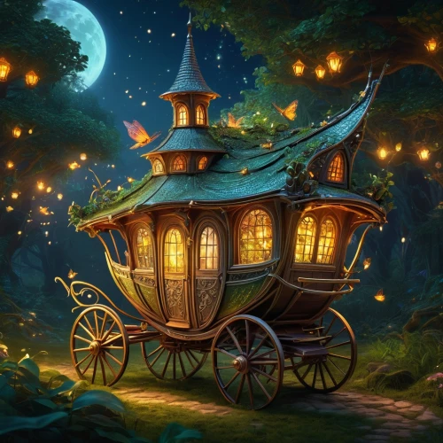 wooden carriage,fantasy picture,treehouse,wooden wagon,elves flight,moon car,wooden train,fairy tale,fairy house,night scene,fantasy art,fairy village,cart of apples,storybook,fantasy landscape,tree house,moonlit night,carriage,magical adventure,fairy lanterns,Conceptual Art,Oil color,Oil Color 07