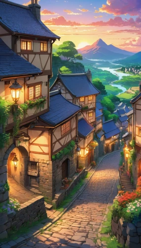 mountain village,meteora,kyoto,alpine village,aurora village,korean folk village,japan landscape,izakaya,mountain settlement,yoshikuni,kazoku,kanto,ghibli,knight village,yazaki,villages,rikkyo,kaitos,tianxia,jinchuan,Illustration,Japanese style,Japanese Style 03