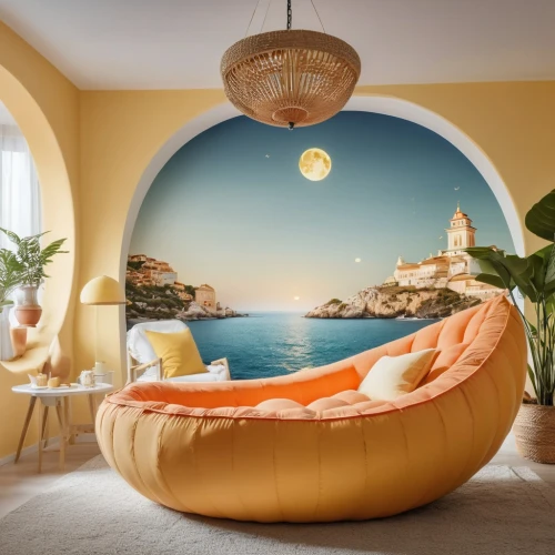 great room,beach furniture,inflatable pool,dream beach,wall decoration,chaise lounge,floating island,porthole,water sofa,musical dome,ocean paradise,daybed,interior design,dreamhouse,island suspended,inflatable ring,cave on the water,semi circle arch,delight island,interior decoration,Photography,General,Realistic