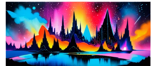 futuristic landscape,colorful city,city skyline,kaleidoscape,colorful background,colorful star scatters,aurora colors,nebulosity,nebulos,background abstract,colorful stars,starscape,abstract background,cityscape,crayon background,unicorn background,abstract backgrounds,dusk background,art deco background,fantasy landscape,Illustration,Realistic Fantasy,Realistic Fantasy 37