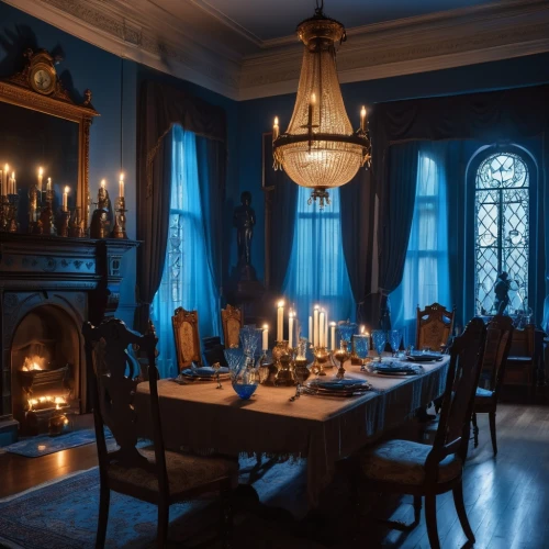 dining room,victorian room,dining table,dining room table,ornate room,blue room,danish room,victorian,victorian style,tablescape,victorian table and chairs,candlelit,candlelights,table setting,breakfast room,blue lamp,old victorian,great room,furnishings,interior decor,Photography,General,Realistic