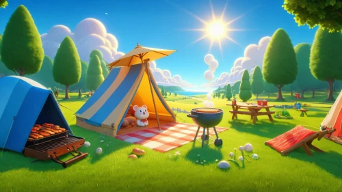 tearaway,thatgamecompany,fairy village,mushroom landscape,encampment,3d fantasy,fairy world,cartoon video game background,collected game assets,gnomes at table,scandia gnomes,knight tent,igloos,3d background,picnic,fairy forest,fayre,smallworld,lowpoly,cube background