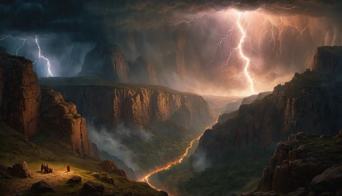hesychasm,fantasy landscape,fantasy picture,thunderstone,chasm,hellgate,lightning storm,canyon,nature's wrath,bierstadt,asgard,guards of the canyon,midgard,waterval,grand canyon,world digital painting,torrential,monsoon,nargothrond,thundershower,Photography,General,Cinematic