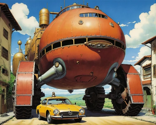 ghibli,robotnik,steamboy,tadano,airship,brum,topolino,studio ghibli,airships,zeppelins,wienermobile,bombardieri,piaggio,cartoon car,trigun,automobil,air ship,detemobil,vulcania,aerocar,Illustration,Retro,Retro 06