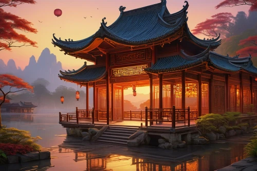 mid-autumn festival,asian architecture,oriental painting,the golden pavilion,oriental,landscape background,teahouse,golden pavilion,oriental lantern,fantasy landscape,lanterns,qibao,qingcheng,world digital painting,wenhao,shaoming,rongfeng,hall of supreme harmony,youliang,dragon boat,Illustration,Retro,Retro 04