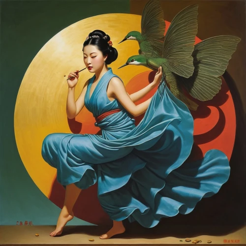 oriental painting,tretchikoff,jianying,wenzhao,yanzhao,jianxing,sichuanese,haiping,woman eating apple,geisha girl,rongfeng,geisha,zuoying,yiping,flamenco,flamenca,sizhao,youliang,wenhao,guanyin,Illustration,Retro,Retro 10