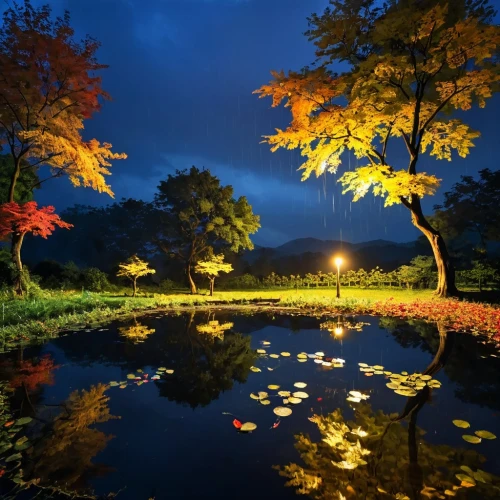 autumn park,garden pond,autumn in the park,pond,autumn scenery,the park at night,autumn in japan,the autumn,lilly pond,autumn background,night photograph,lily pond,autumn landscape,fall landscape,evening lake,autumn idyll,night photography,in the autumn,autumn frame,japan garden,Conceptual Art,Oil color,Oil Color 19