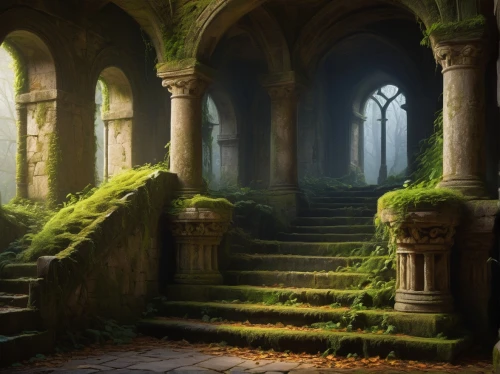 moss landscape,hall of the fallen,labyrinthian,fantasy landscape,ruins,doorways,crypts,archways,rivendell,sanctuary,pillars,ruin,cloistered,abandoned place,the threshold of the house,abandoned places,mausoleum ruins,winding steps,dandelion hall,sepulchres,Art,Classical Oil Painting,Classical Oil Painting 20