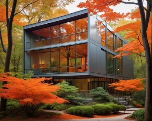 house in the forest,forest house,modern house,mid century house,modern architecture,cubic house,fallingwater,cube house,mirror house,neutra,bunshaft,frame house,mid century modern,dreamhouse,beautiful home,fall foliage,contemporary,bohlin,fall landscape,timber house,Illustration,Abstract Fantasy,Abstract Fantasy 09