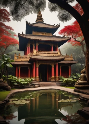 asian architecture,buddhist temple,buddha tooth relic temple,the golden pavilion,japanese garden,lotus pond,qingcheng,oriental painting,hall of supreme harmony,hanging temple,water palace,japanese garden ornament,taoist,leshan,shuozhou,temples,oriental,shaoming,taoism,wudang,Conceptual Art,Oil color,Oil Color 02