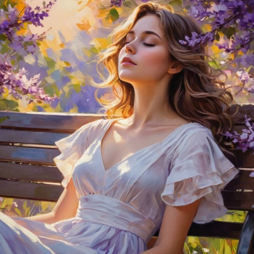 girl lying on the grass,relaxed young girl,idyll,romantic portrait,indolence,languid,restful,golden lilac,gracefulness,serene,reclining,siesta,donsky,lilacs,daydreamer,jingna,indolent,world digital painting,girl in flowers,margairaz,Conceptual Art,Oil color,Oil Color 10