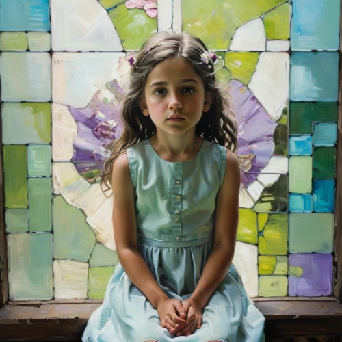 girl praying,helnwein,girl in a wreath,portrait of a girl,mystical portrait of a girl,young girl,girl portrait,photorealist,the little girl,girl sitting,girl in flowers,girl with cloth,hirst,glass painting,portrait of christi,girl in cloth,oil painting on canvas,communicant,church painting,girl with bread-and-butter,Illustration,Realistic Fantasy,Realistic Fantasy 28