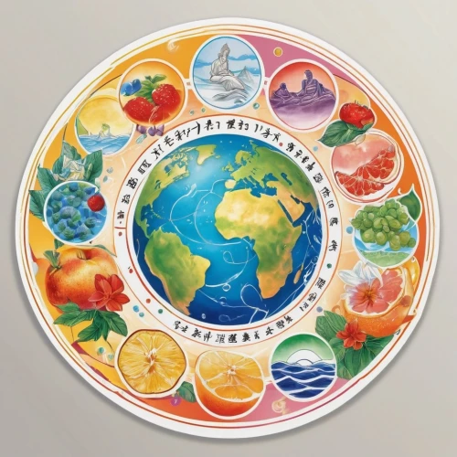 fruits icons,earth fruit,ecoregions,fruit icons,rainbow world map,supercontinent,dharma wheel,copernican world system,earth chakra,permaculture,decorative plate,love earth,loveourplanet,mother earth,placemat,ecopeace,world clock,citrus food,biocultural,ecoterra,Unique,Design,Sticker