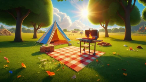 tearaway,cartoon video game background,3d background,3d render,thatgamecompany,camping tipi,autumn camper,circus tent,gnomes at table,encampment,gypsy tent,picnicking,picnic,lowpoly,3d fantasy,picnicked,triangles background,candyland,cube background,campsites