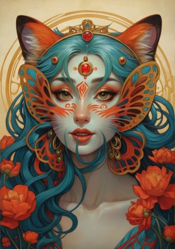 viveros,tiger lily,masquerade,kommuna,tigerlily,fireheart,promethea,kitsune,baoshun,firecat,sphynx,suara,feline,fantasy portrait,amaterasu,miao,felino,bastet,flower cat,fantasy art,Illustration,Retro,Retro 03