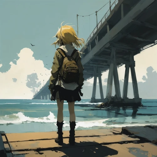 enoshima,gunkanjima,shinobu,niijima,protagonist,on the pier,seaside,vocaloid,girl walking away,millia,midorikawa,harbor,sonika,len,wharf,kizu,pomponia,beach walk,atmosphere,darjeeling,Conceptual Art,Fantasy,Fantasy 10