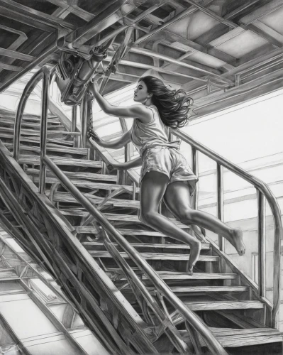 girl on the stairs,fire escape,stairway,stairways,stairwell,staircases,escalera,staircase,escaleras,stairmaster,steel stairs,sci fiction illustration,stairwells,subway stairs,stairs,stairmasters,skywalks,escalators,stair,escalator,Illustration,Realistic Fantasy,Realistic Fantasy 07