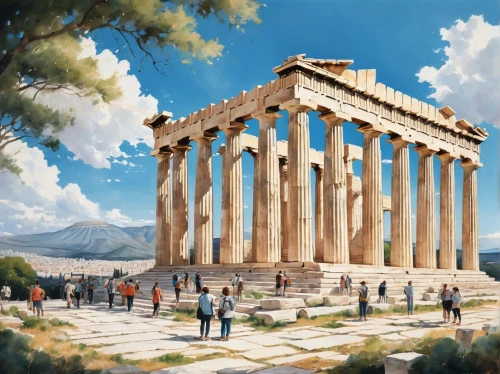 greek temple,parthenon,the parthenon,acropolis,akropolis,temple of hercules,caesonia,athens,delphi,athenian,pergamum,hellas,temple of diana,panathenaic,erechtheus,temple of poseidon,capitolium,celsus library,erechtheion,ephesus,Illustration,Paper based,Paper Based 20