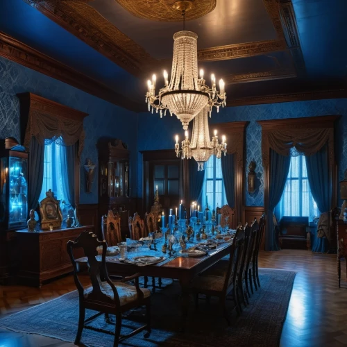 dining room,blue room,victorian room,ornate room,dining room table,wade rooms,dining table,breakfast room,danish room,royal interior,interior decor,great room,dandelion hall,furnishings,parlor,chandeliers,the interior of the,chateau margaux,blue lamp,victorian table and chairs,Photography,General,Realistic