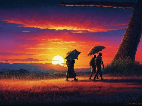 silhouette art,couple silhouette,sunset,romantic scene,travelers,dusk,evening atmosphere,loving couple sunrise,cowboy silhouettes,dusk background,silhouette,caminos,summer evening,vintage couple silhouette,art silhouette,travellers,oil painting on canvas,orange sky,serengeti,the sun and the rain,Illustration,Realistic Fantasy,Realistic Fantasy 25