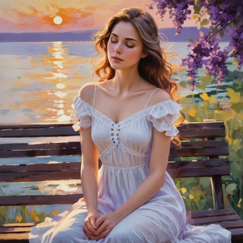 romantic portrait,romantic look,girl on the river,relaxed young girl,donsky,pushkina,oil painting,serene,girl in a long dress,girl in the garden,oil painting on canvas,pittura,young woman,art painting,nestruev,woman sitting,juliet,dmitriev,girl in white dress,world digital painting,Conceptual Art,Oil color,Oil Color 10