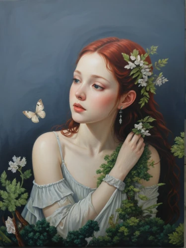 diwata,girl in flowers,heatherley,girl in the garden,viveros,girl picking flowers,ophelia,julia butterfly,oil painting on canvas,young woman,white butterflies,primavera,persephone,oil painting,flora,habanera,water nymph,girl in a wreath,gardenias,lacombe