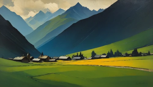 alpine landscape,alpine pastures,kazbegi,mountain landscape,mountain scene,mountainous landscape,silvretta,galvanise,mountain pasture,vanoise,graubuenden,bernese highlands,passu,kaprun,spiti,roerich,alpine region,valley,mountain valley,baltiansky,Conceptual Art,Oil color,Oil Color 12