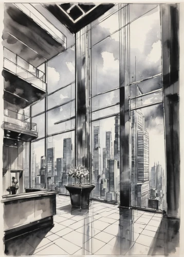 penthouses,groundfloor,skyways,arcology,city scape,highrises,office buildings,skyscraping,cityscapes,environments,high rise,glass facades,sky apartment,lofts,highrise,tall buildings,glass panes,cityview,offices,radiosity,Illustration,Paper based,Paper Based 30