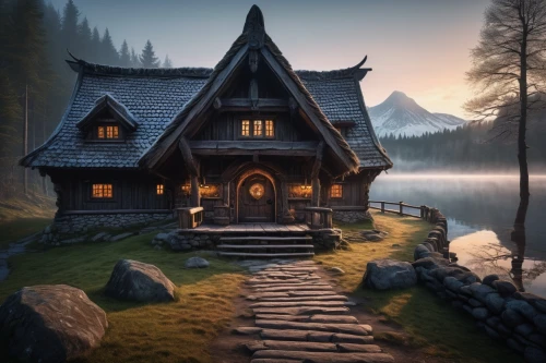 house with lake,house in the forest,wooden house,lonely house,summer cottage,house by the water,cottage,house in mountains,little house,the cabin in the mountains,house in the mountains,witch's house,log home,dreamhouse,miniature house,beautiful home,small cabin,log cabin,fairy house,small house,Art,Classical Oil Painting,Classical Oil Painting 18