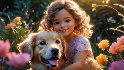 girl with dog,golden retriever,little boy and girl,boy and dog,children's background,beautiful girl with flowers,golden retriever puppy,golden retriver,retriever,love for animals,floricienta,tenderness,cute puppy,girl in flowers,dog breed,little girl,cute cartoon image,liesel,labradoodle,puppy pet,Photography,Artistic Photography,Artistic Photography 02