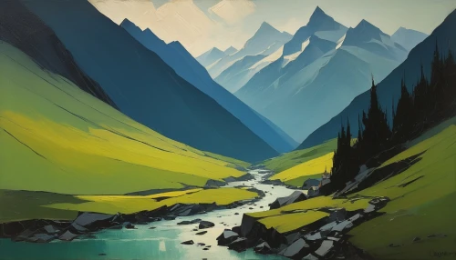 alpine landscape,mountain landscape,mountain scene,river landscape,mountain stream,mountains,mountainous landscape,icefields,mountain river,headwaters,mountain valleys,mountainsides,fjord,himalayas,moraine,salt meadow landscape,gouache,passu,wakhan,mountain spring,Conceptual Art,Oil color,Oil Color 12