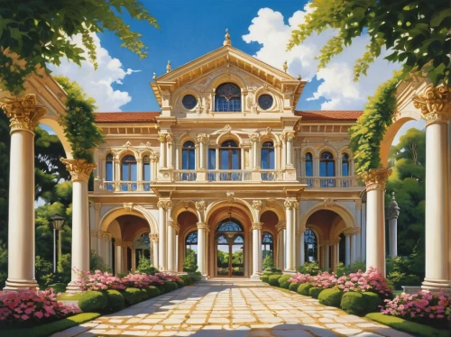 palladianism,mansion,victorian house,fairy tale castle,palaces,victorian,conservatory,europe palace,villa,luxury property,palace,miramare,country estate,dreamhouse,beautiful home,ritzau,ornate,luxury home,gold castle,victoriana,Illustration,Retro,Retro 21