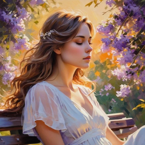 golden lilac,lilac blossom,lilacs,lilac tree,white lilac,romantic portrait,donsky,common lilac,relaxed young girl,lilac flowers,girl in flowers,art painting,lilac flower,wisteria,flower painting,perfuming,photo painting,mystical portrait of a girl,scent of jasmine,jessamine,Conceptual Art,Oil color,Oil Color 10