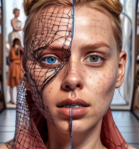 spider net,hyperrealism,photorealist,overlaid,photorealism,two face,photo manipulation,photoshop manipulation,spider's web,svankmajer,cobwebbed,photomanipulation,hyperreal,netted,spiderweb,keratoderma,deformations,retouching,spider web,intersect