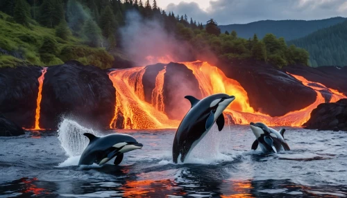 king penguins,volcano pool,dolphins in water,majestic nature,amazing nature,orcas,oceanic dolphins,lava flow,blowholes,wild nature,active volcano,watering hole,dolphins,lava river,volcanic landscape,fire and water,volcanic lake,beautiful nature,volcanic activity,humpbacks,Photography,General,Realistic