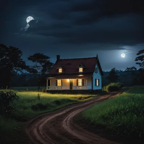 lonely house,creepy house,witch's house,dreamhouse,house silhouette,haunted house,witch house,the haunted house,little house,home landscape,moonlit night,abandoned house,night scene,fantasy picture,small house,ancient house,country cottage,country house,beautiful home,night image,Photography,General,Realistic