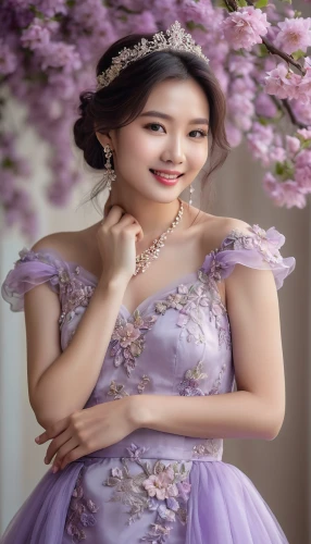 hanbok,lilac blossom,fairy tale character,yifei,purple background,fairy queen,beautiful girl with flowers,noblewoman,debutante,jingqian,liangying,oriental princess,pale purple,quinceanera dresses,qixi,xueying,zhengying,princess sofia,quinceanera,flower background,Photography,General,Natural