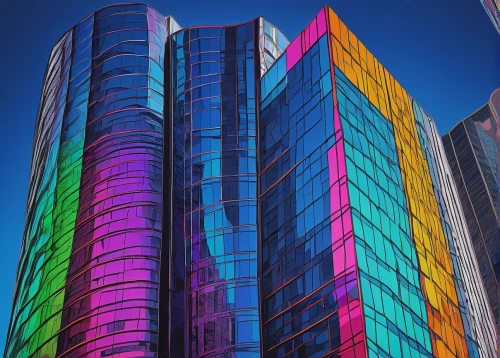 colorful glass,glass facades,colorful facade,colorful city,glass building,glass facade,colorful light,office buildings,technicolour,enron,medibank,colored lights,vdara,costanera center,urban towers,difc,prisms,futuristic architecture,abstract rainbow,citicorp,Illustration,Realistic Fantasy,Realistic Fantasy 41