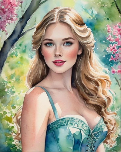 margairaz,margaery,watercolor background,fantasy portrait,springtime background,flower painting,galadriel,behenna,girl in flowers,fairy tale character,spring background,celtic woman,hydrangea,hydrangea background,watercolor painting,ostara,fantasy art,watercolor women accessory,ellinor,world digital painting,Illustration,Paper based,Paper Based 25