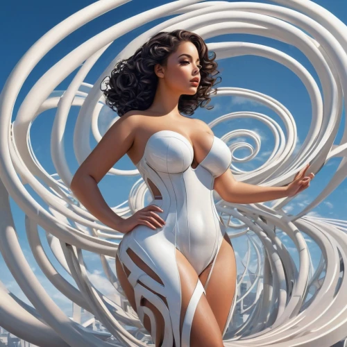 fantasy woman,bodypainting,sprint woman,wind machine,gradient mesh,femforce,white silk,superhot,body painting,bodypaint,superwoman,lasso,super woman,aphrodite,gyroscopic,wonderwoman,silver surfer,swirling,themyscira,cosmogirl,Conceptual Art,Sci-Fi,Sci-Fi 24