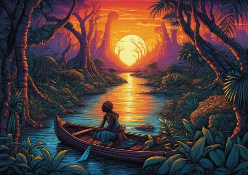 boat landscape,polynesia,an island far away landscape,kerala,kanaloa,fantasy landscape,lagoon,fantasy picture,paraiso,beautiful wallpaper,tropical island,tropical sea,polynesian,tahiti,serenata,java island,nile river,alligator alley,dusk background,backwaters,Illustration,Realistic Fantasy,Realistic Fantasy 25