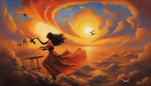 fantasy picture,fire dancer,oil painting on canvas,sailing orange,fantasy art,dubbeldam,sundancer,angel playing the harp,vishwamitra,little girl in wind,fire artist,dancing flames,the wind from the sea,wieslaw,orange sky,mostovoy,art painting,oriflamme,world digital painting,fire angel,Illustration,Realistic Fantasy,Realistic Fantasy 21