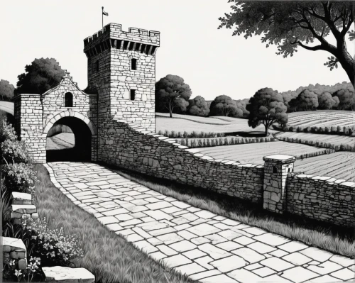 city walls,city wall,castle wall,remparts,battlements,ramparts,crosshatching,crosshatch,walled,carcassone,bargate,fortezza,gatehouses,stone gate,castelvecchio,stonewalls,castel,battlement,moated castle,castle keep,Illustration,Black and White,Black and White 33