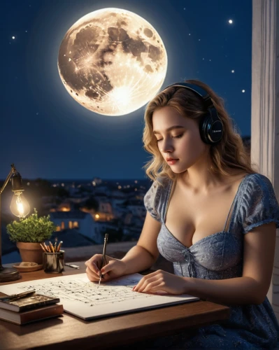 girl studying,fantasy picture,world digital painting,night administrator,moonlit night,writing about,writer,night scene,blonde woman reading a newspaper,moon and star background,author,photoshop manipulation,sogni,sci fiction illustration,to write,girl at the computer,photo manipulation,astronomer,romantic night,moonlighted,Photography,General,Natural
