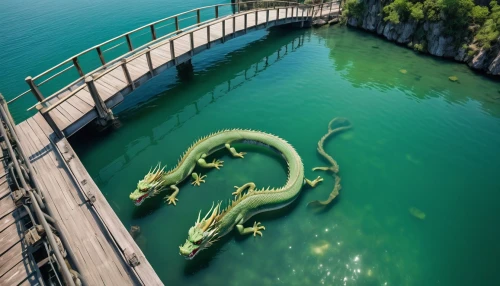 dragon bridge,bregenz,acid lake,alligator lake,alligators,crocodiles,nessie,gharial,false gharial,dragon boat,south american alligators,crocodile park,plesiosaurs,green water,serpent,dagon,gharials,sea monsters,crocodile,salt water crocodile,Photography,General,Realistic